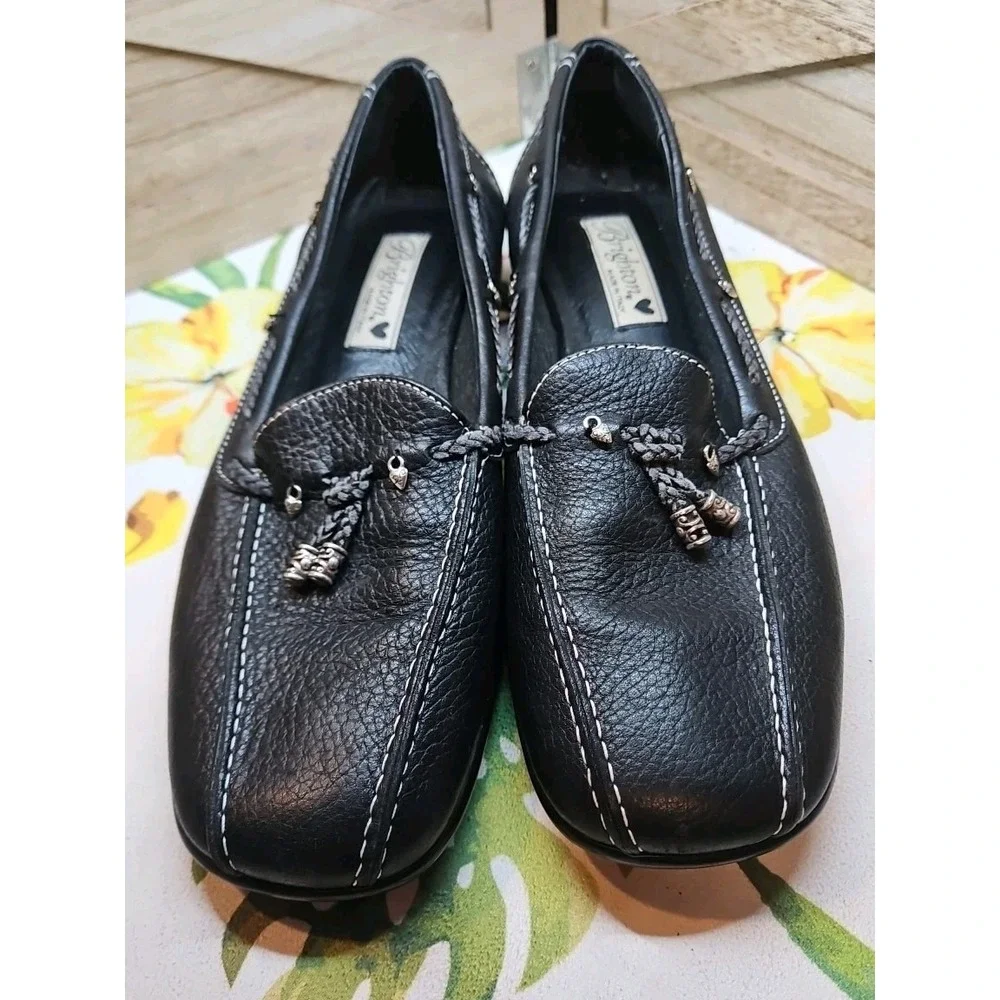 Brighton ULANI 4 Slip On Loafers 7.5 M Black‎ Silver Charms Braided Shoe #482